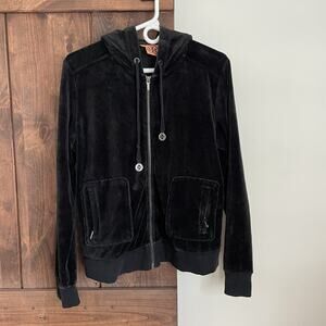 Tory Burch Velour Track Jacket Large Hoodie Black Full Zip Logo Soft